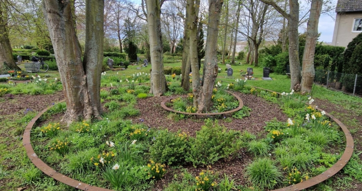 Das neue Baumbestattungsfeld in Empelde befindet sich im nördlichen Bereich des Friedhofs an der Häkenstraße. Die Anlage bietet Platz für 40 Urnengräber, die beidseitig entlang eines geschwungenen Schotterrasenwegs angeordnet sind. Sieben neu gepflanzte Hochstämme prägen zusammen mit einer speziell ausgewählten Unterpflanzung aus Stauden, Gräsern und Farnen den waldartigen Charakter der Ruhestätte.